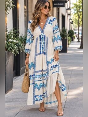 Hale Bob Cream Maxi Dress with Blue Geometric Embroidery